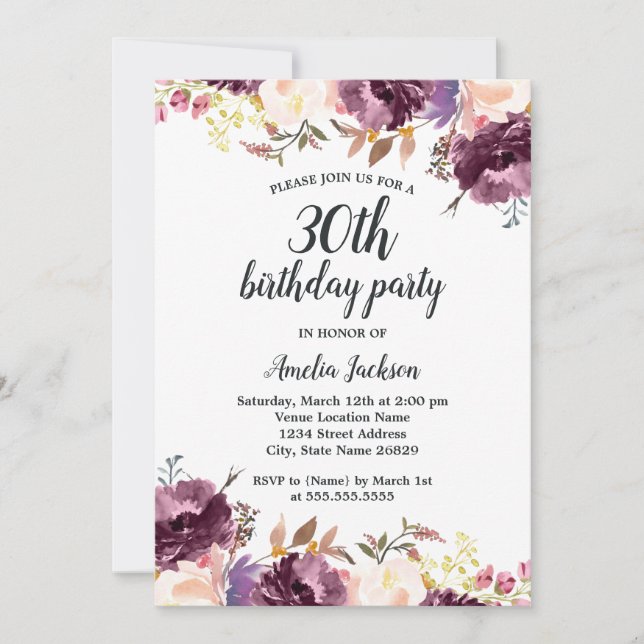Bloom Watercolor Purple Floral 30th Birthday Party Invitation (Front)