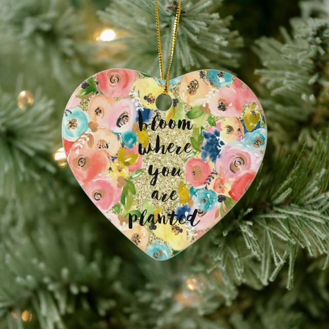 Bloom Where You Are Planted Gold Glitter Floral    Ceramic Ornament (Tree)