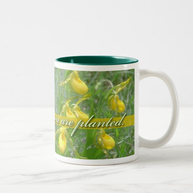 Bloom Where You Are Planted, Yellow Ladyslipper Two-Tone Coffee Mug (Right)