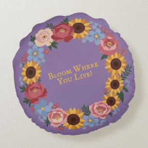 Bloom where you live - Floral Wreath Round Pillow