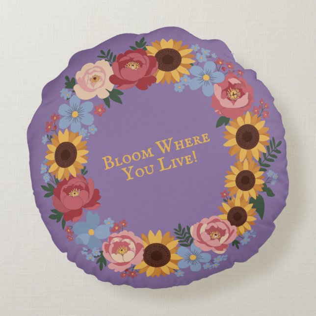 Bloom where you live - Floral Wreath Round Pillow (Back)