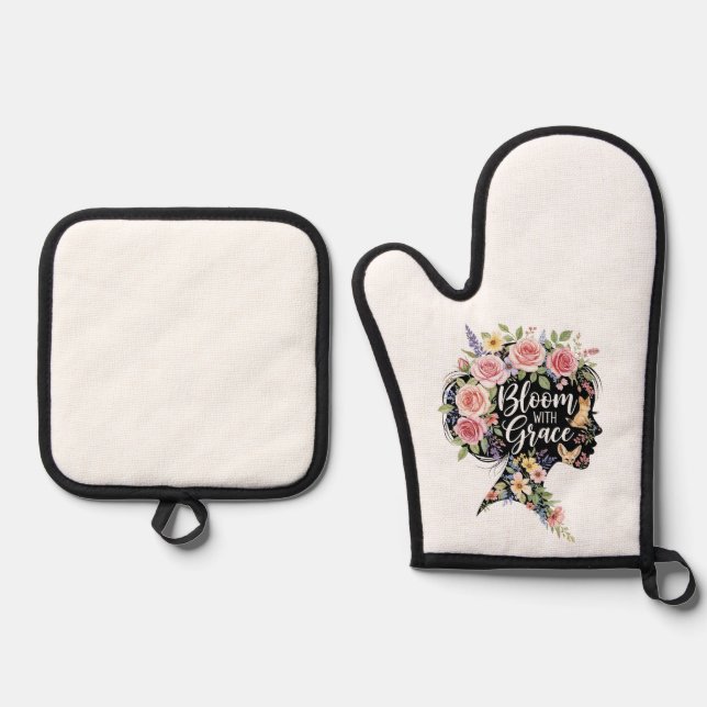 Bloom with Grace Elegant Floral Inspirational Art Oven Mitt & Pot Holder Set (Front)