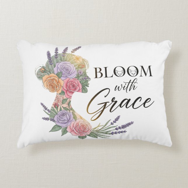 Bloom with Grace Elegant Floral Woman Silhouette Accent Pillow (Front)