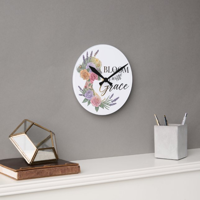 Bloom with Grace Elegant Floral Woman Silhouette Round Clock (Office)