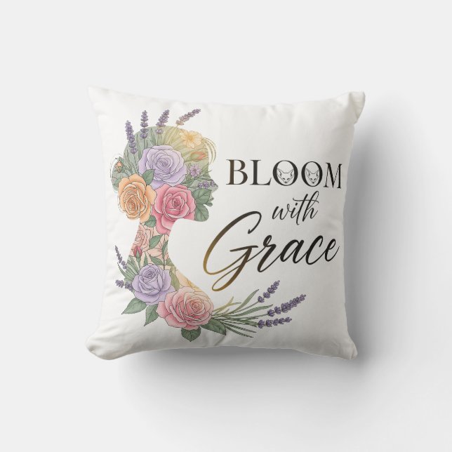 Bloom with Grace Elegant Floral Woman Silhouette Throw Pillow (Front)