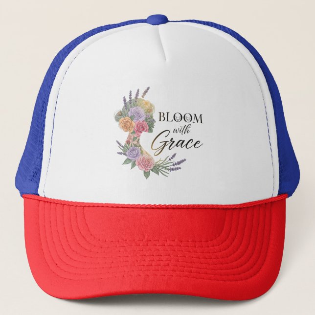 Bloom with Grace Elegant Floral Woman Silhouette Trucker Hat (Front)
