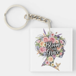 Bloom with Grace Floral Inspirational Quote Design Keychain