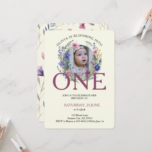 Bloomin into One Wildflower Photo 1st Birthday Invitation (Front/Back In Situ)