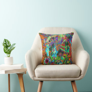 Blooming Abstract Blue and Lime Green Flower Throw Pillow