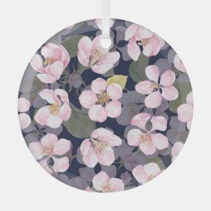 Blooming Apple: Dark Blue Watercolor Glass Ornament