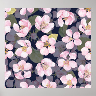 Blooming Apple: Dark Blue Watercolor Poster