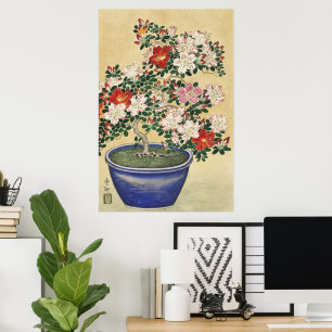 Blooming Azalea in Blue Pot Janpanese Flower Art Poster