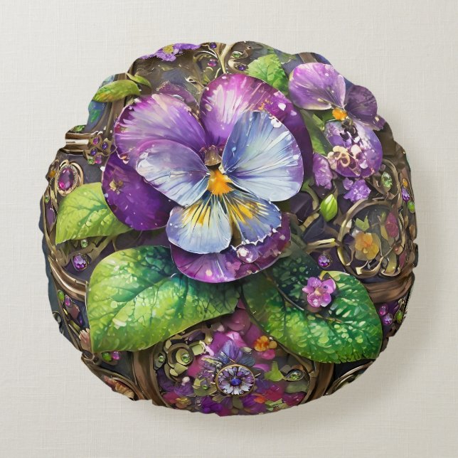 Blooming Birds Foot Violets Wildflowers Easter Egg Round Pillow (Front)