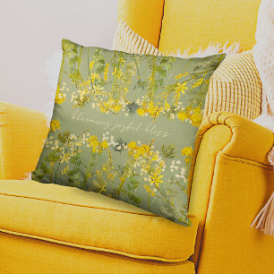 Blooming Bliss Yellow & Green Floral Inspirational Throw Pillow
