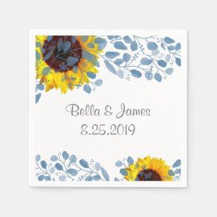 Blooming Blue Botanical Sunflower Paper Napkins