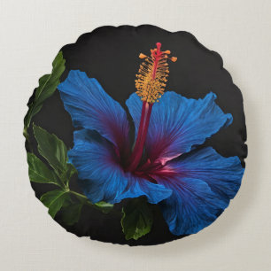 Blooming Blue Hibiscus Flower, Round Pillow
