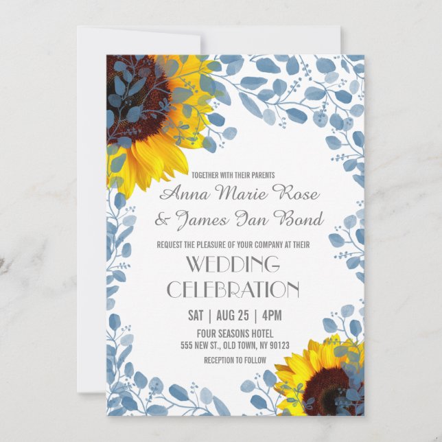 Blooming Blue Sunflower Floral Wedding Invitations (Front)