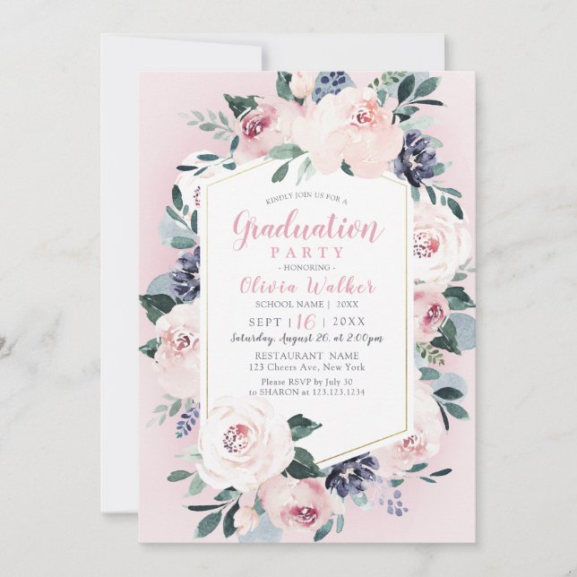 Blooming botanical blush floral graduation party invitation (Front)
