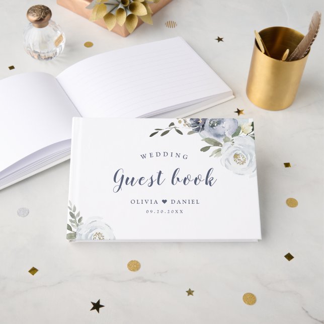 Blooming botanical dusty blue floral wedding guest book (Front Open)