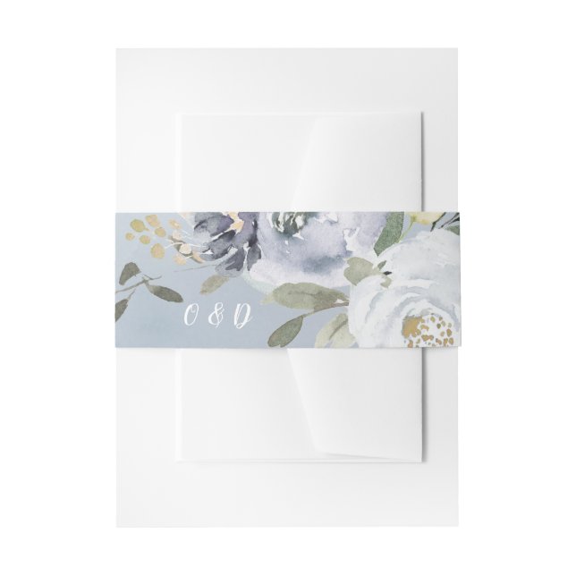 Blooming botanical dusty blue floral wedding invitation belly band (Front Example)