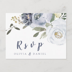 Blooming botanical dusty blue floral wedding RSVP Invitation Postcard