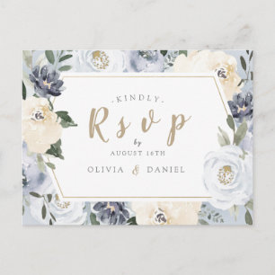 Blooming botanical dusty blue floral wedding RSVP Invitation Postcard