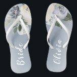 Blooming botanical dusty blue personalized bride flip flops<br><div class="desc">Watercolor botanical floral and greenery in soft yellow,  dusty blue,  and grey,  elegant and romantic,   great personalized gifts for bride</div>