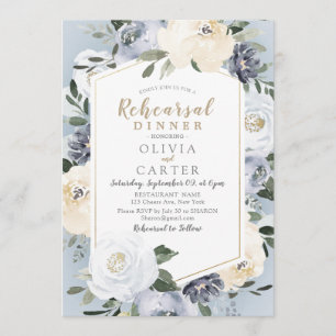 Blooming botanical dusty blue rehearsal dinner invitation
