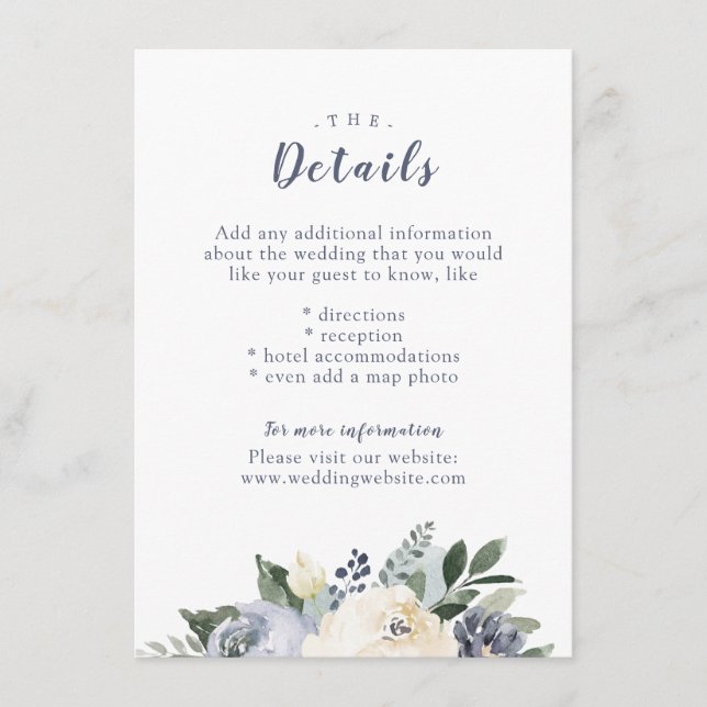 Blooming botanical dusty blue wedding insert card (Front)