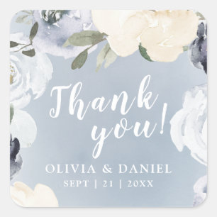 Blooming botanical dusty blue wedding thank you square sticker