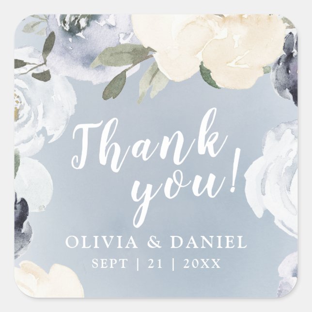 Blooming botanical dusty blue wedding thank you square sticker (Front)