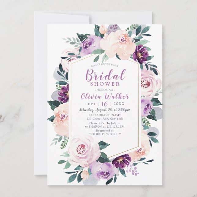 Blooming botanical purple floral Bridal Shower Invitation (Front)