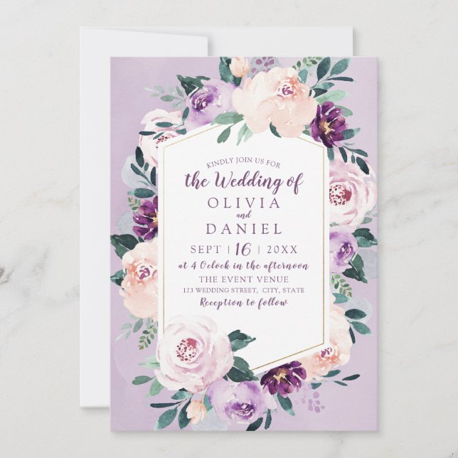 Blooming botanical purple floral geometric wedding invitation (Front)