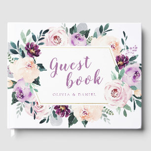 Blooming botanical purple floral wedding guest book