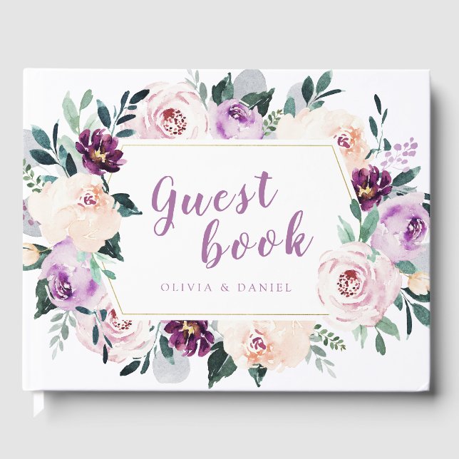 Blooming botanical purple floral wedding guest book (Front)