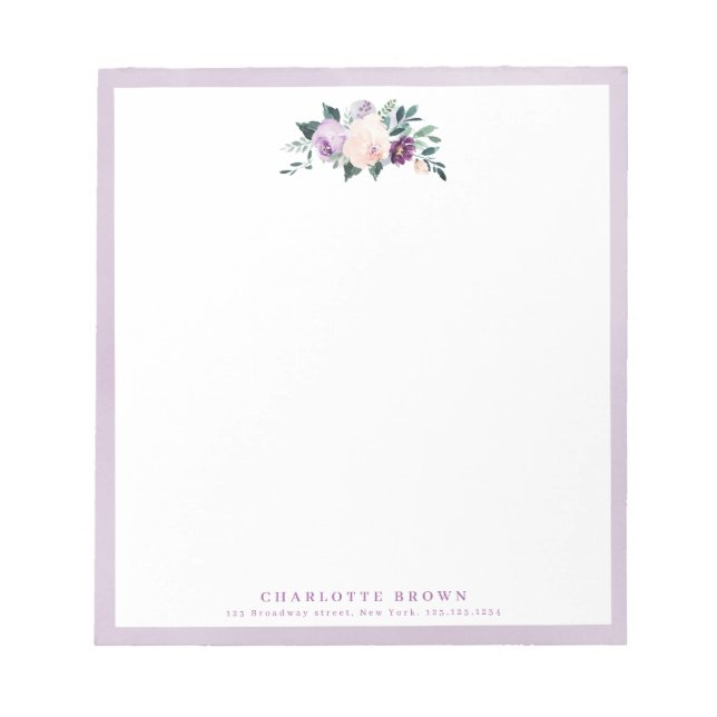 Blooming botanical purple personalized stationery notepad (Front)