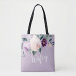 Blooming botanical purple personalized wifey tote<br><div class="desc">Watercolor botanical floral and greenery in blush,  peach and purple,  with wifey script and custom name on the back,  elegant and romantic,   great personalized gifts for new bride.</div>