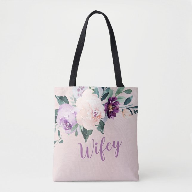 Blooming botanical purple personalized wifey tote bag (Front)