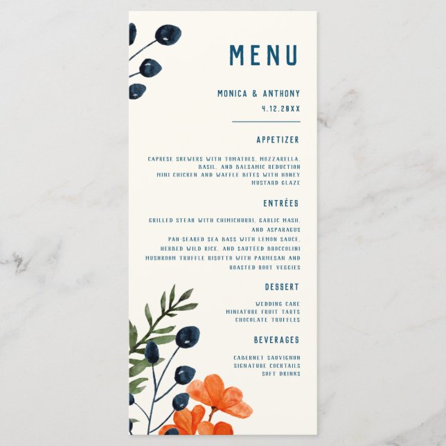 Blooming Botanicals Orange Floral Blue Wedding Menu (Front)