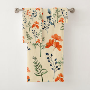 Blooming Botanicals Orange Floral Green Branch Bath Towel Set