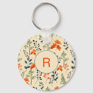 Blooming Botanicals Orange Floral Green Branch Keychain