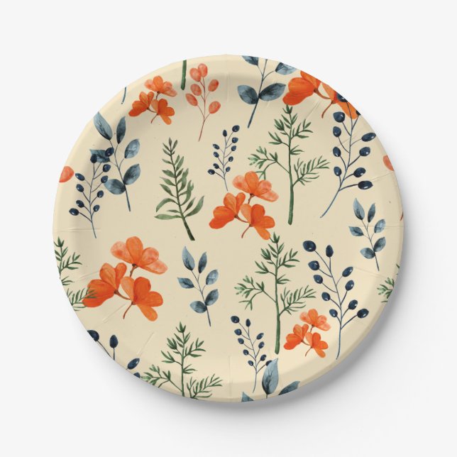 Blooming Botanicals Orange Floral Green Branch Paper Plate (Front)