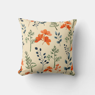 Blooming Botanicals Orange Floral Green Branch Throw Pillow