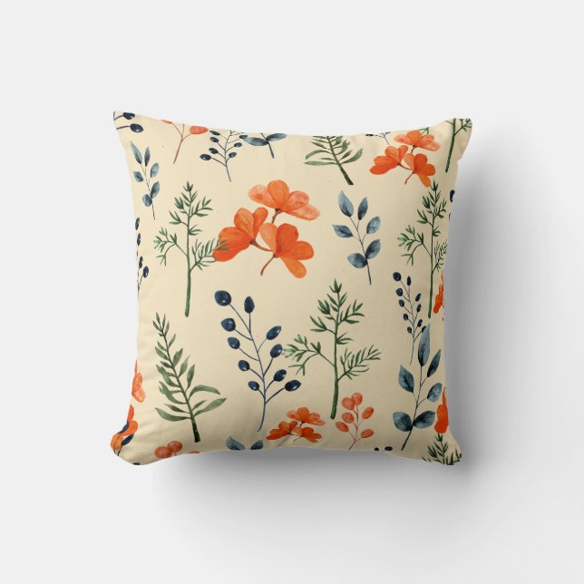 Blooming Botanicals Orange Floral Green Branch Throw Pillow (Front)