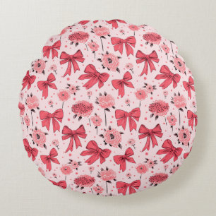 Blooming Bows - Floral and Ribbon Pattern Round Pillow