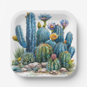 Blooming cacti and succulents paper plate