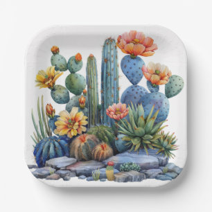 Blooming cacti and succulents paper plate