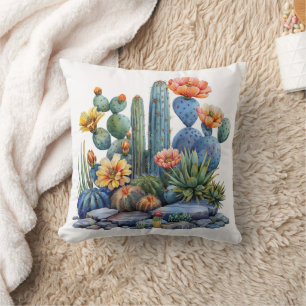 Blooming cacti and succulents throw pillow