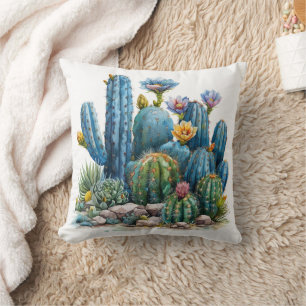 Blooming cacti and succulents throw pillow