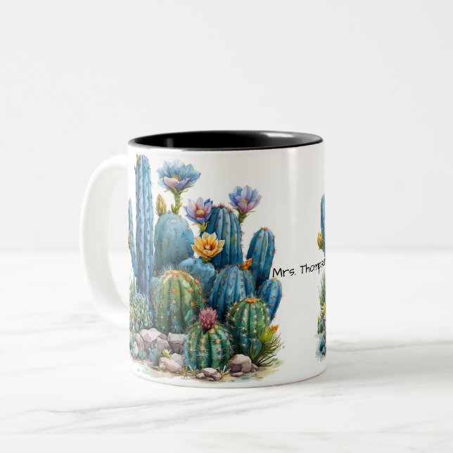 Blooming cacti and succulents Two-Tone coffee mug (Front Left)